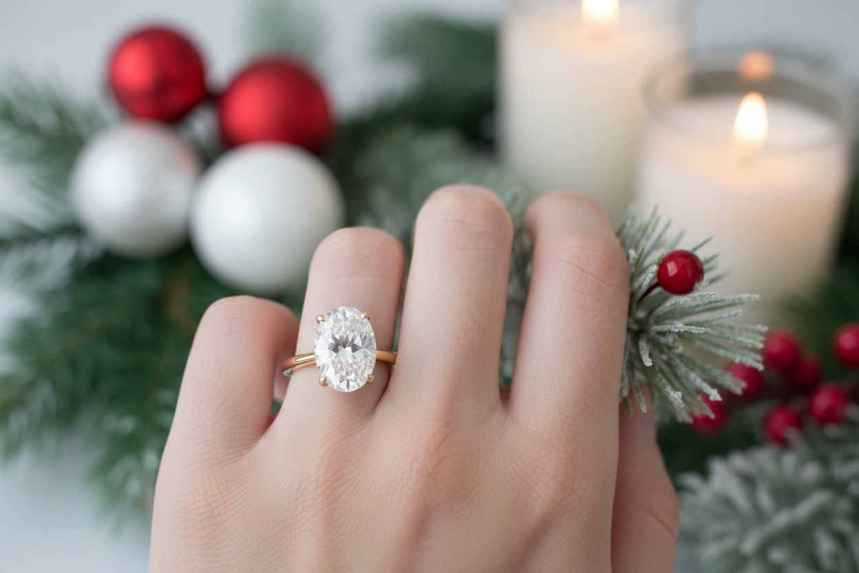 Create a holiday photo of a moissanite engagement ring on a hand model. use a oval ring plain band yellow gold. Use red white and green in the holiday imagery. Make it photo realistic lifestyle. 