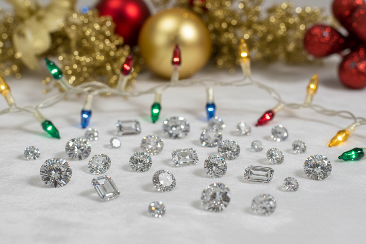 It's the hoilidays. there's diamonds of every shape and size amongst a string of colored christmas lights on display. Provide me with a few options. 