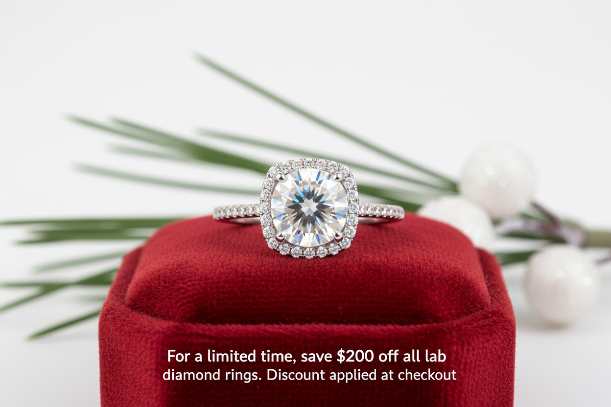 photo realistic image of a moissanite engagement ring. it's the holidays so we are using christmas colors red, green and white. not to christmasy. focus on the ring. text is For a limited time, save $200 off all lab diamond rings. Discount applied at checkout. No flowers